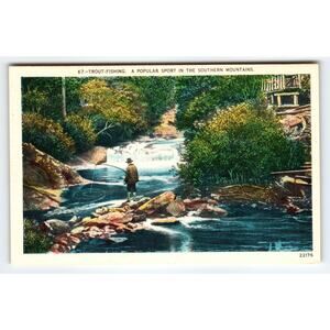Vintage Linen Trout Fishing Postcard Southern Mountains Asheville NC